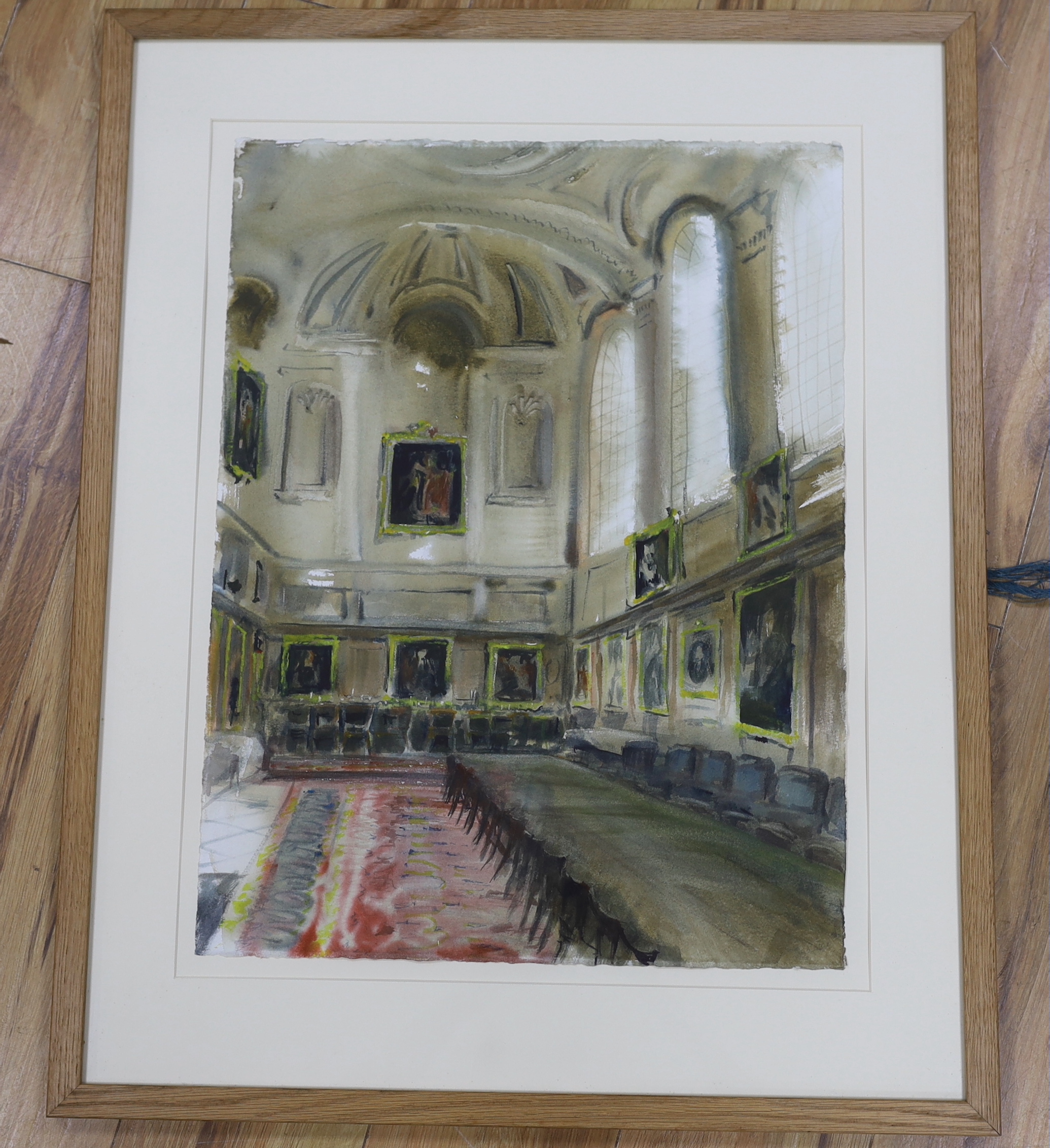 Modern British, watercolour, Grand interior with domed ceiling, indistinctly signed, 57cm x 42cm